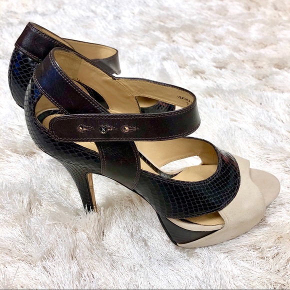 L.A.M.B. Beige & Brown Open Toe Heels - Picture 2 of 6